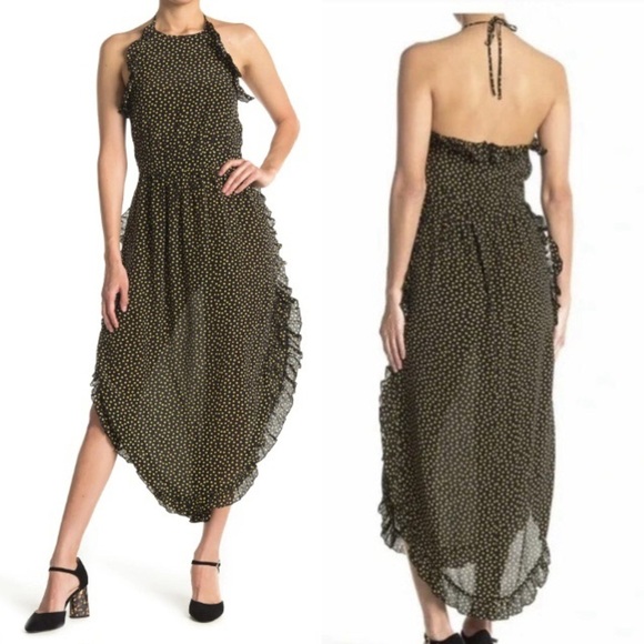 SeeByChloe Black Yellow Polka Dot Ruffle Midi Dress - Picture 1 of 6